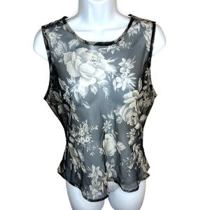 L Vintage 90’s Floral Sleeveless Sheer Top Black Grey White Y2k Large Anxiety